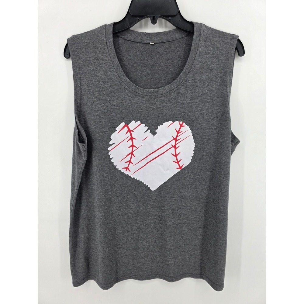 Grey Baseball Heart Graphic Muscle Tank Top Womens XL Sleeveless Fan Tee